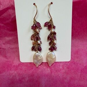 Pearl and Pink Tourmaline Dangle Earrings